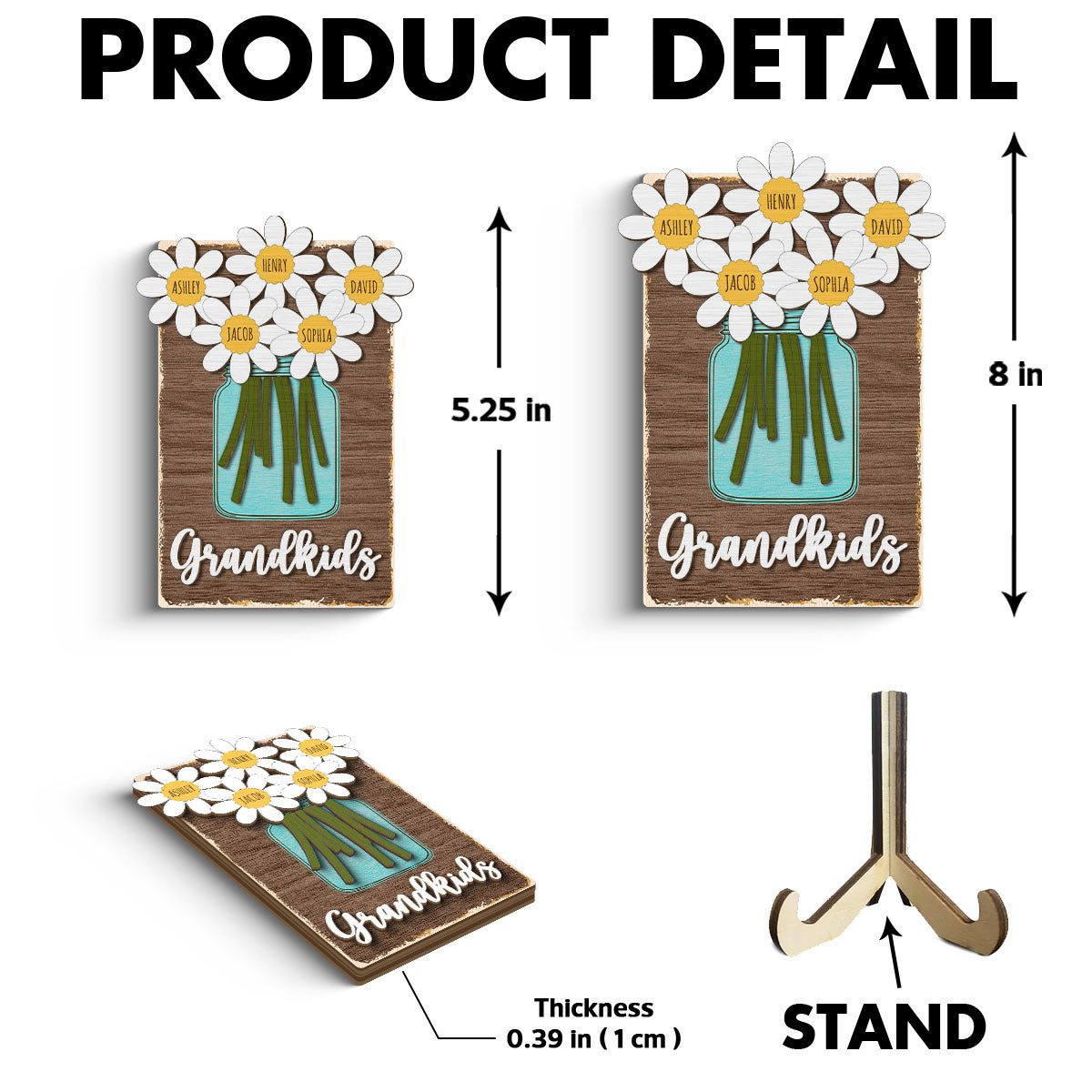 Grandkids Daisy Flowers Names Personalized 2-layer Wooden Plaque
