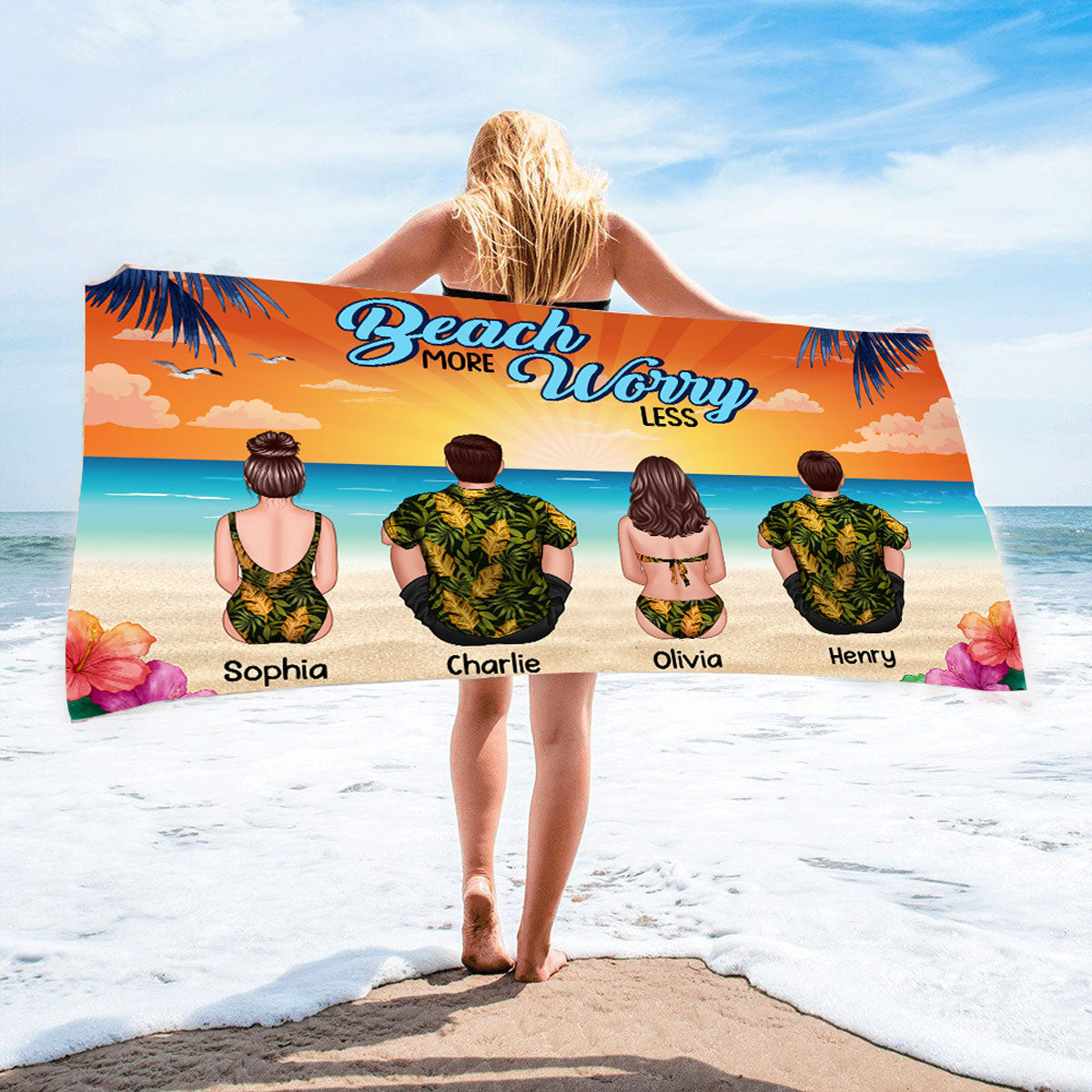 Summer Back View Family Couple Kids Dog Cat Sitting Personalized Beach Towel