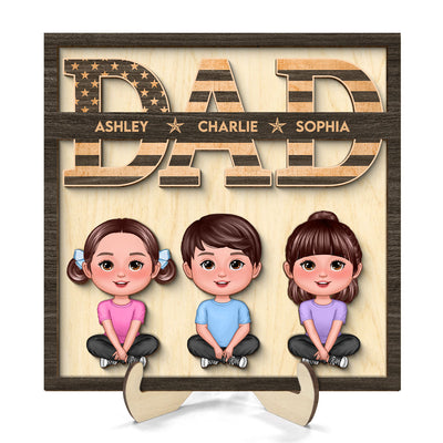Dad We Love You Nation Flag Cute Children Sitting Crossed Legs Personalized 2-Layer Wooden Plaque