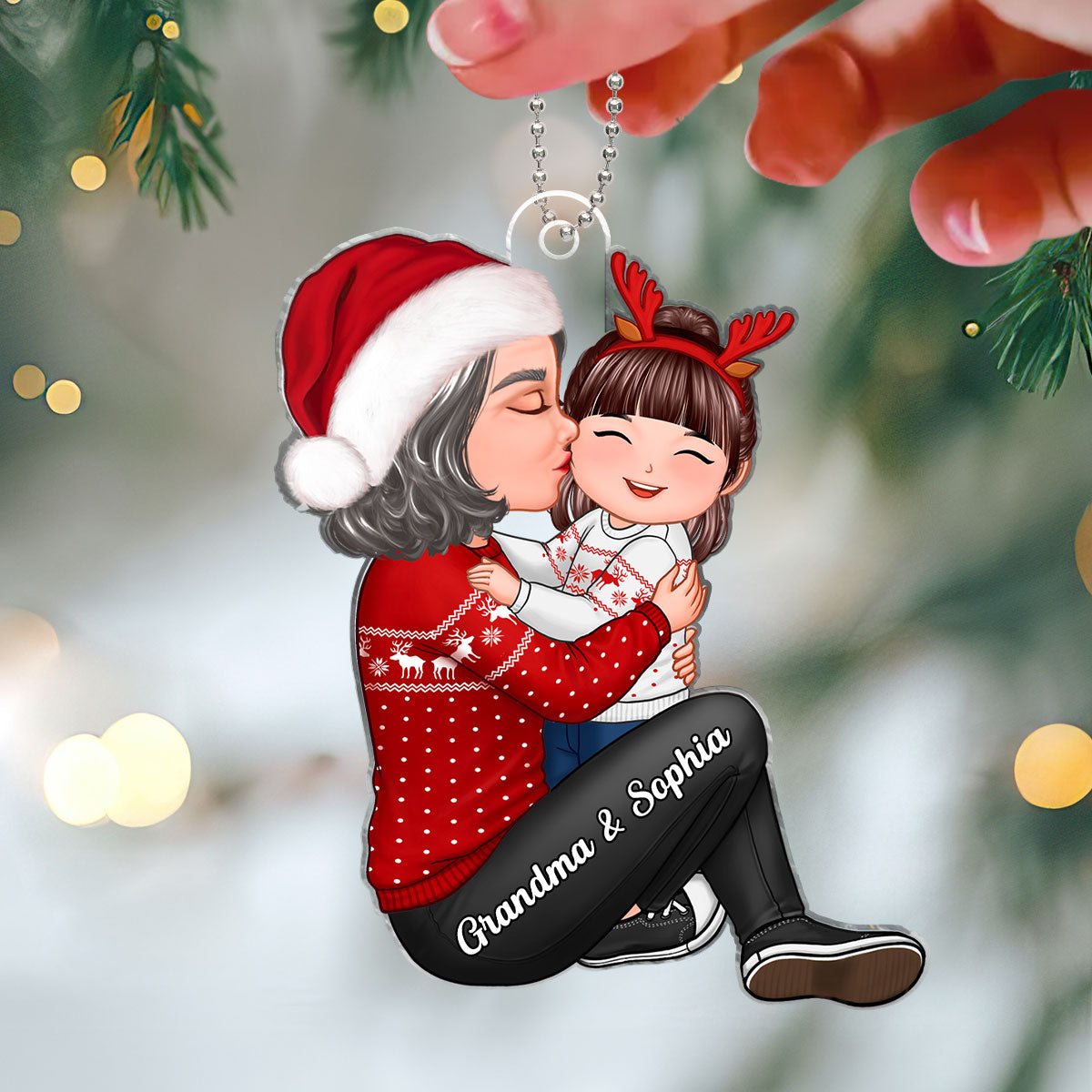Christmas Grandma Kissing Grandkid - Personalized Acrylic Ornament - Heartwarming Gift For Granddaughter Grandson