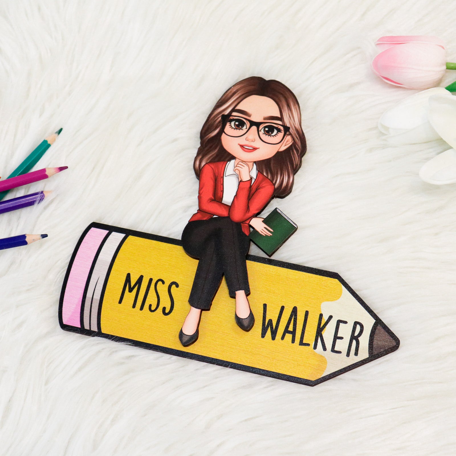 Doll Teacher Sitting On Pencil - Personalized 2-Layered Wooden Plaque - Gift For Teacher