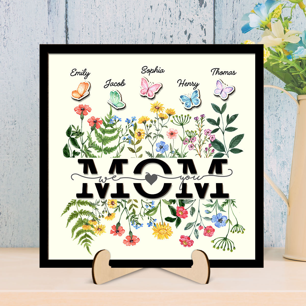 Grandma Mom Wild Flowers Butterflies Personalized 2-layer Wooden Plaque