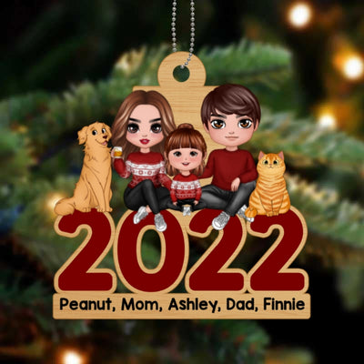 Family Sitting 2022 Dogs Cats Christmas Personalized Wooden Ornament