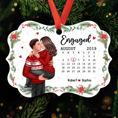 Christmas Engaged Married Couple Man Holding Woman Kissing Anniversary Date Calendar Personalized Christmas Ornament