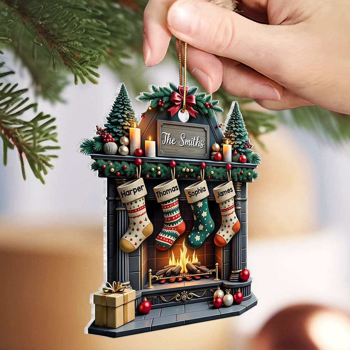 Vintage Retro Classic Fireplace Family Names Personalized Acrylic Ornament