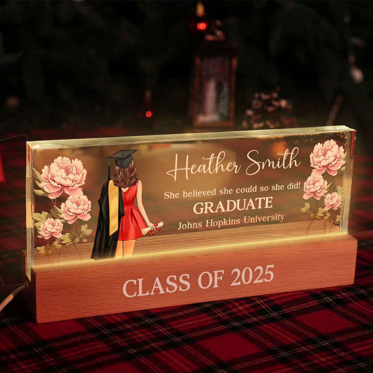 Graduation Senior Birth Month Flowers Personalized Rectangle Acrylic Block LED Night Light, Graduation Gift