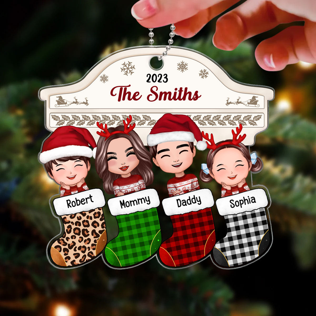 Family Peeking Christmas Stocking Fireplace Personalized Acrylic Ornament