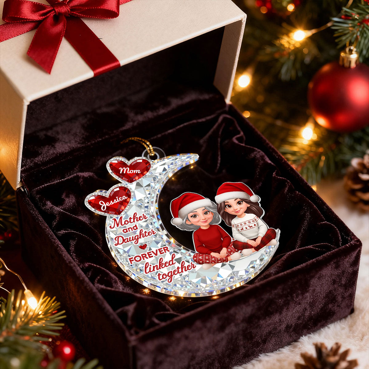 3D Effect Flat Mom And Daughter Son Sitting On Moon - Personalized Acrylic Ornament - Gift For Mom, Daughter, Son