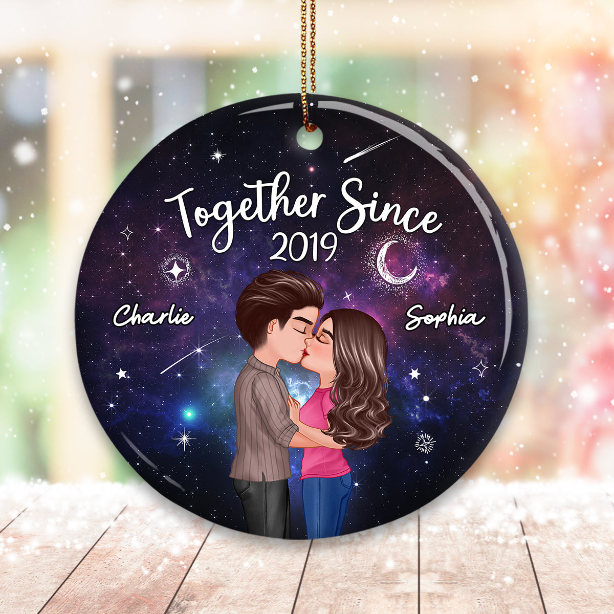Christmas Doll Couple Kissing In Galaxy Night Personalized Circle Ornament