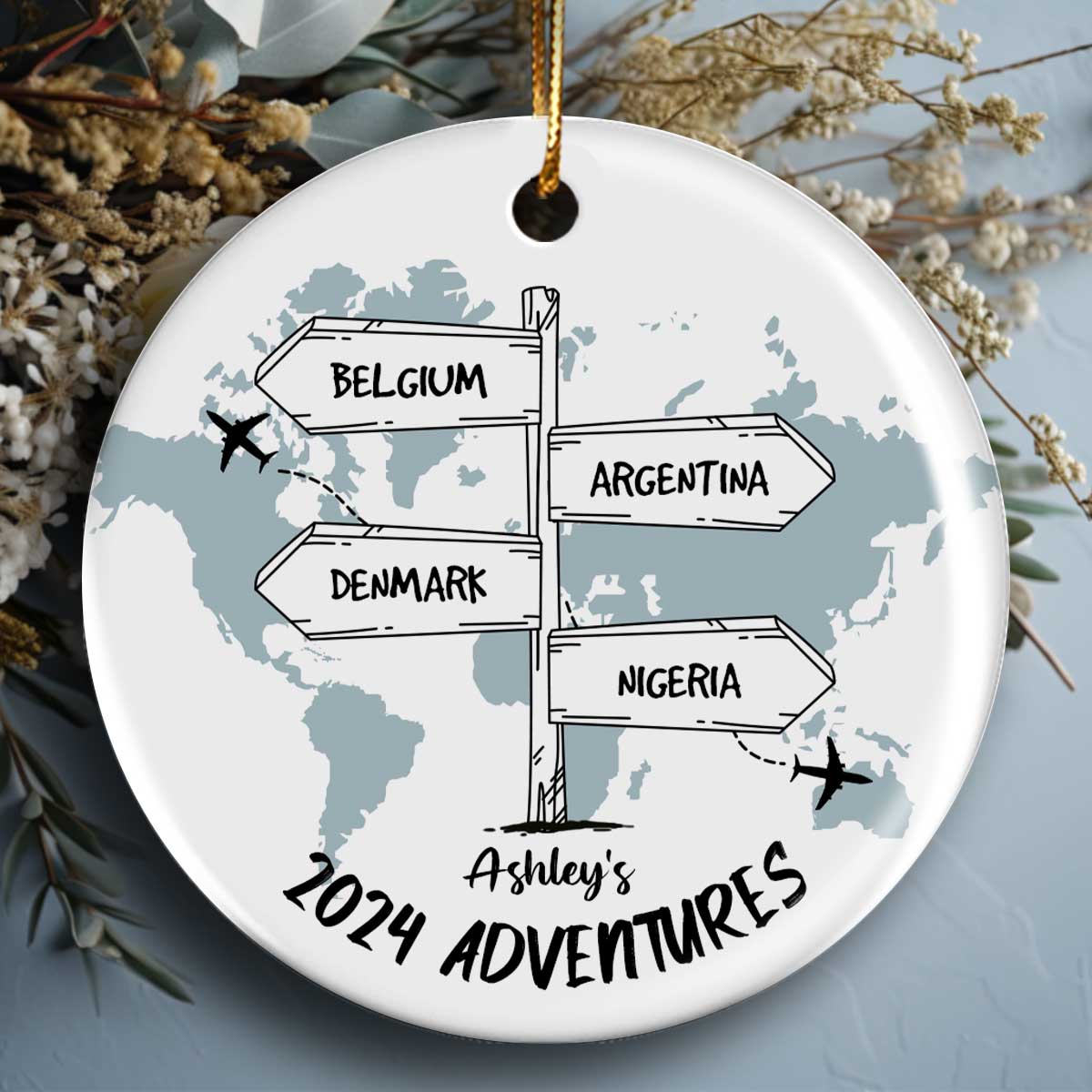 Post Signs Travel Adventure Personalized Ceramic Ornament, Traveling Christmas Ornament, Travel Gift