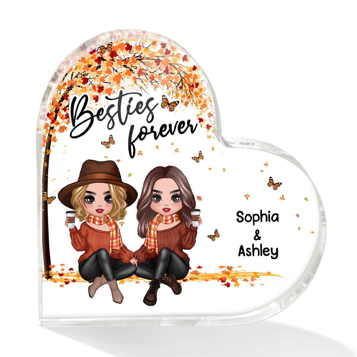 Besties Forever Doll Besties Sisters Sitting Under Tree Fall Season Personalized Heart Acrylic Plaque