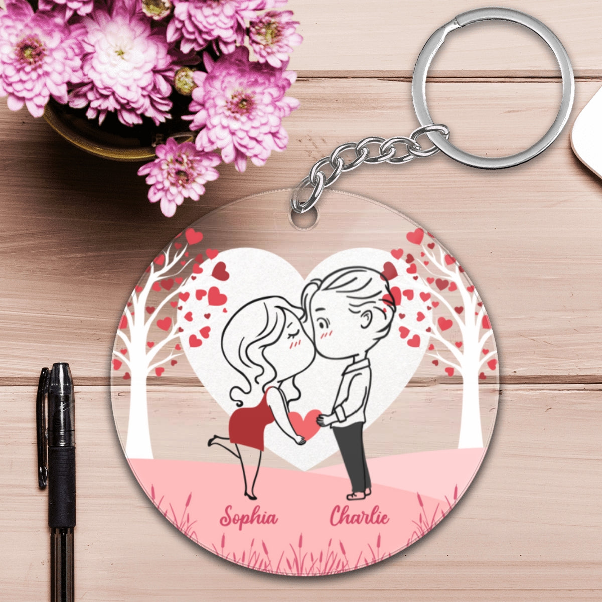 Line Art Couple Heart Tree Personalized Acrylic Keychain