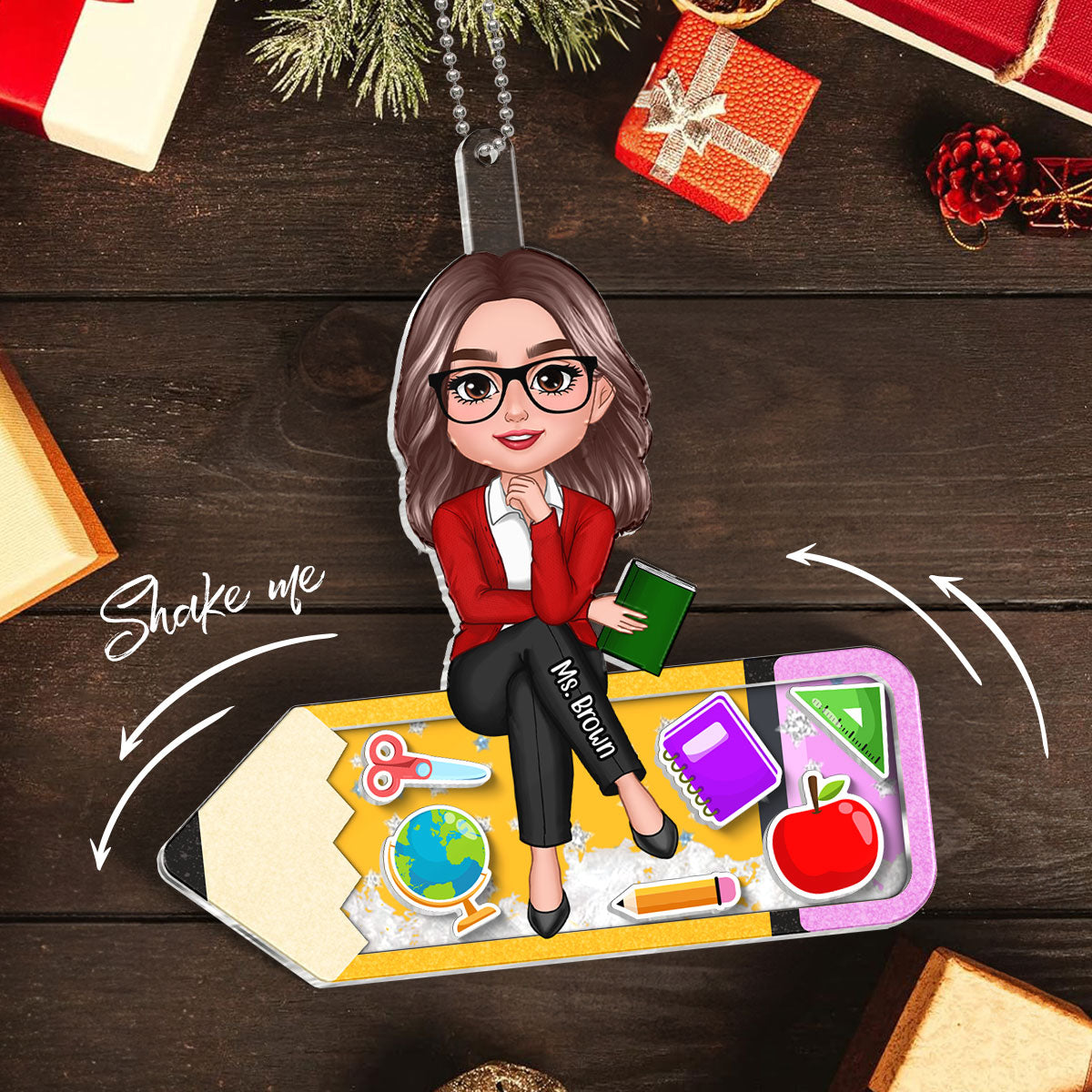 Doll Teacher Sitting On Pencil Personalized Shaker Ornament, Christmas Gift