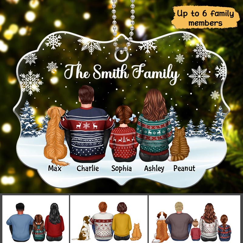Family Dad Mom Kids Dogs Cats Snow Background Birthday, Anniversary Gift - Personalized Acrylic Ornament