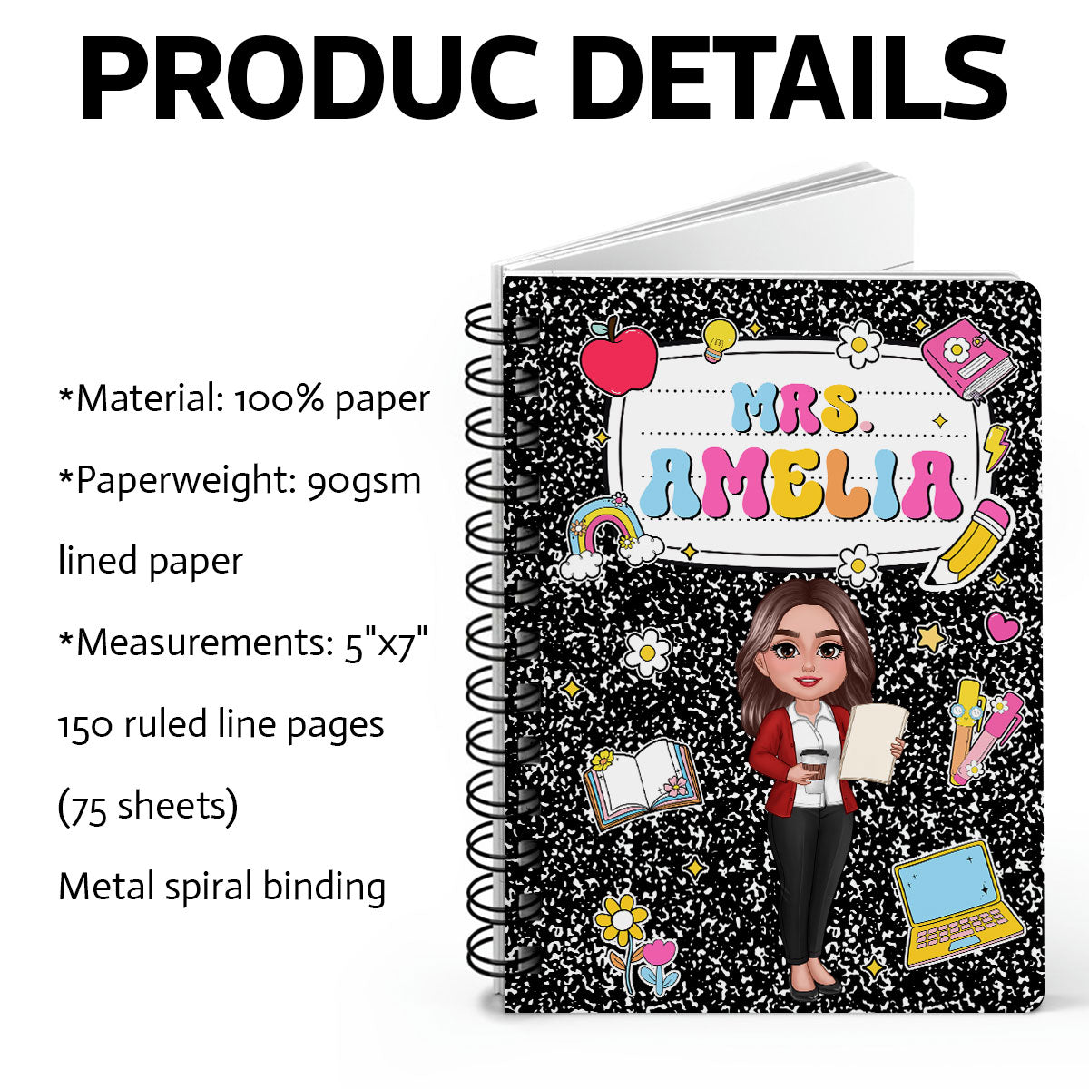 Teacher Composition Book Pattern Personalized Spiral Notebook Journal, Gift For Teacher, Back To School Stationery