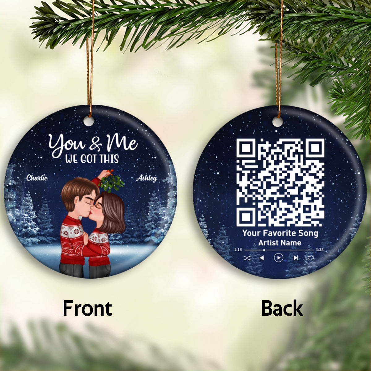 Couple Kissing Under Mistletoe Christmas Night Favorite Song Scannable QR Code Personalized Double Sided Circle Ornament