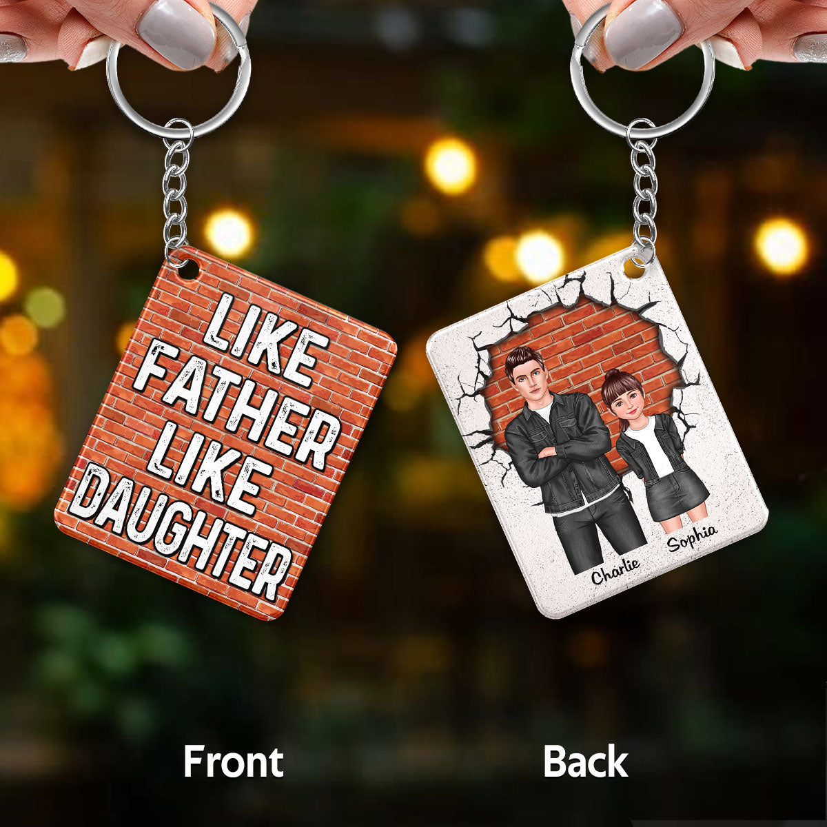 Like Father Like Daughters Like Sons Dad And Kids Standing Front View Personalized Acrylic Keychain