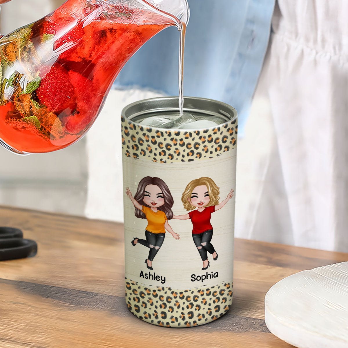 Besties Forever Leopard Wood Texture Personalized Multipurpose Tumbler 4 In 1 Can Cooler