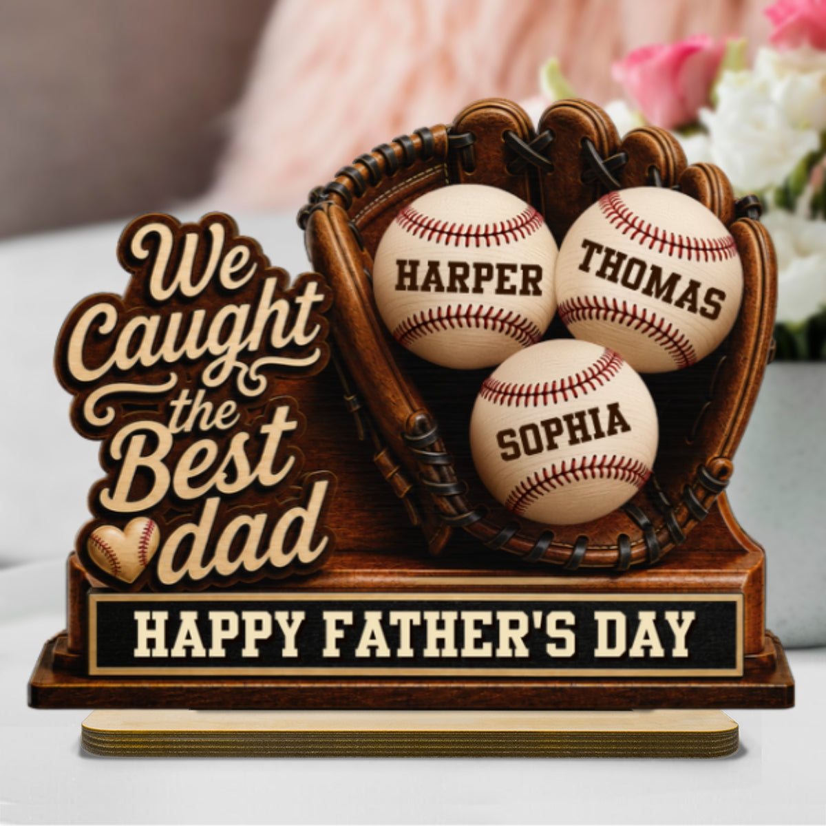 We Caught The Best Dad Baseball In Glove - Personalized 2-Layered Wooden Plaque - Happy Father's Day For Baseball Dad