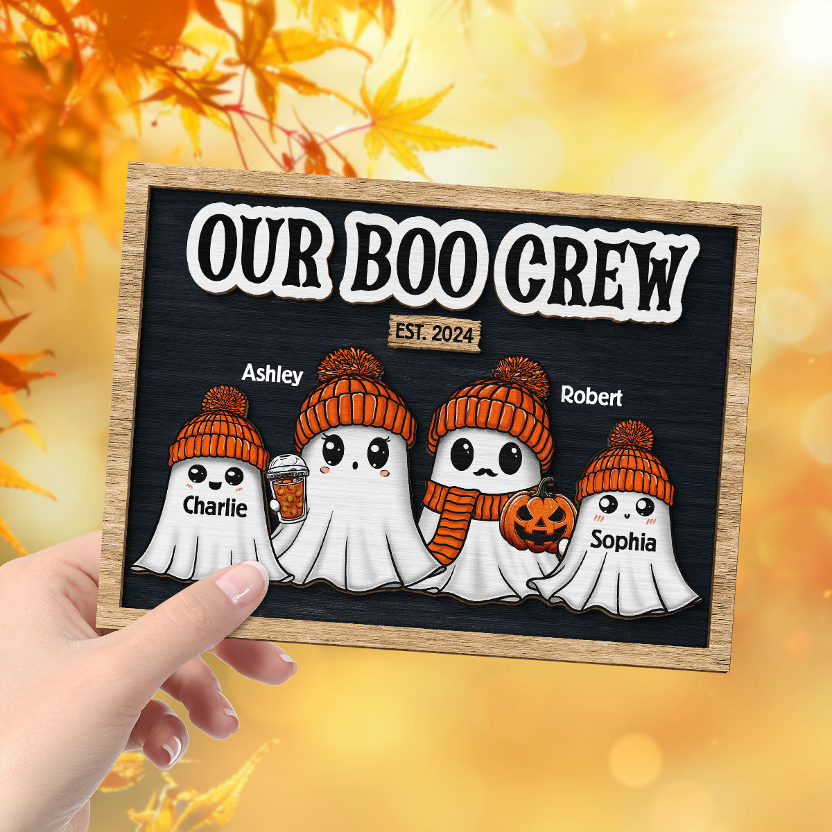 Family Our Boo Crew Fall Season Halloween Personalized 2-Layer Wooden Plaque, Halloween Decoration, Tabletop Tier Tray Decor