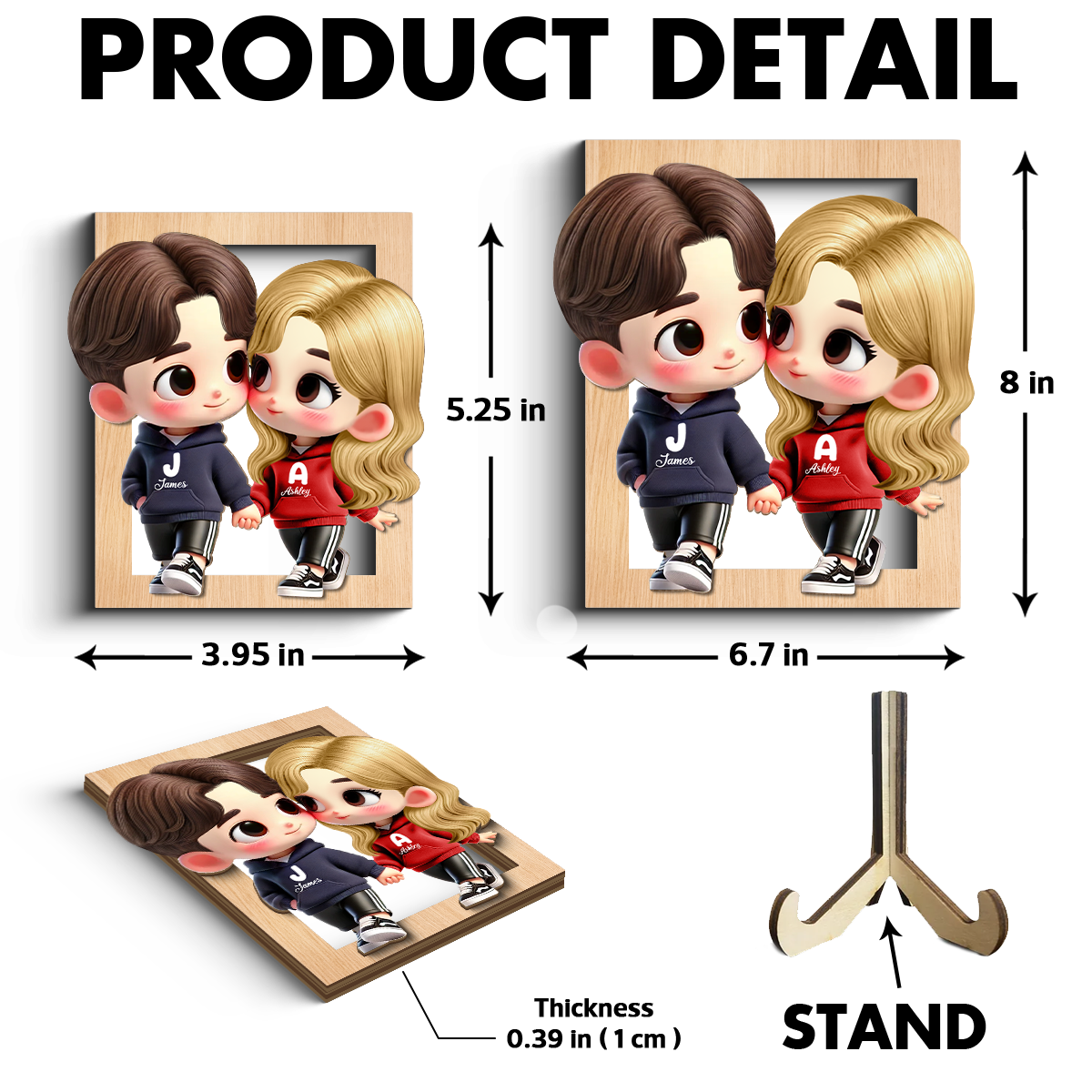 3D Effect Cute Cartoon Couple Holding Hands Personalized 2-Layered Wooden Plaque, Anniversary &  Gift for him, Gift for her