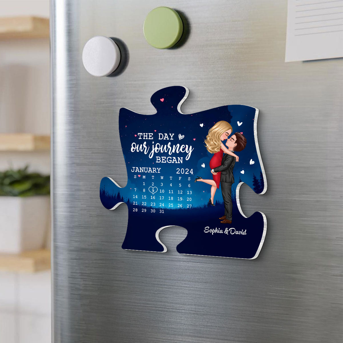 The Day Journey Began Couple Hugging Kissing Anniversary Calendar Keepsake Puzzle Shaped Personalized Acrylic Fridge Magnet