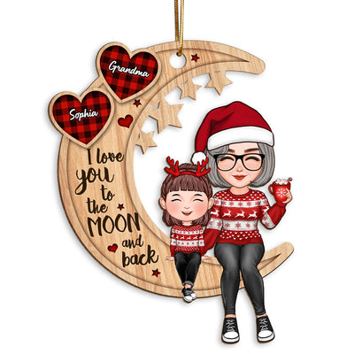Cute Grandma & Grandkid Checkered Pattern Heart Love To The Moon Gift For Granddaughter Grandson Personalized Wooden Ornament