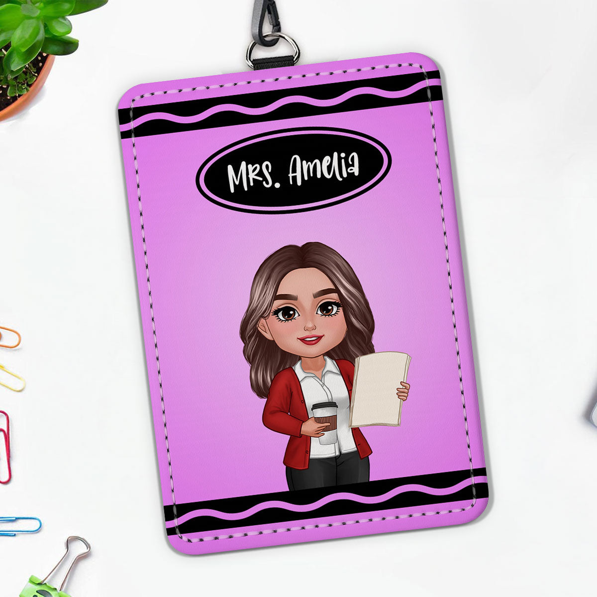 Crayon Themed Teacher Name Personalized ID Badge Holder, Back To School Gift