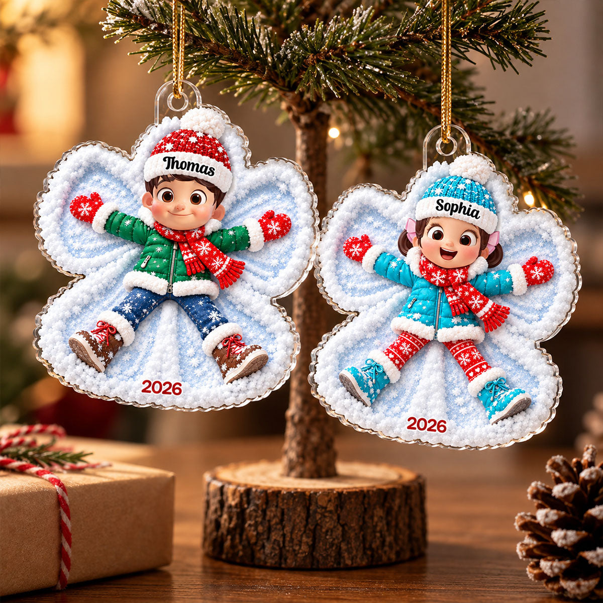 Snow Angel Cute Boy Girl Making Snow2D Flat - Personalized Acrylic Ornament - Christmas Gift for Daughter Son Granddaugter Grandson