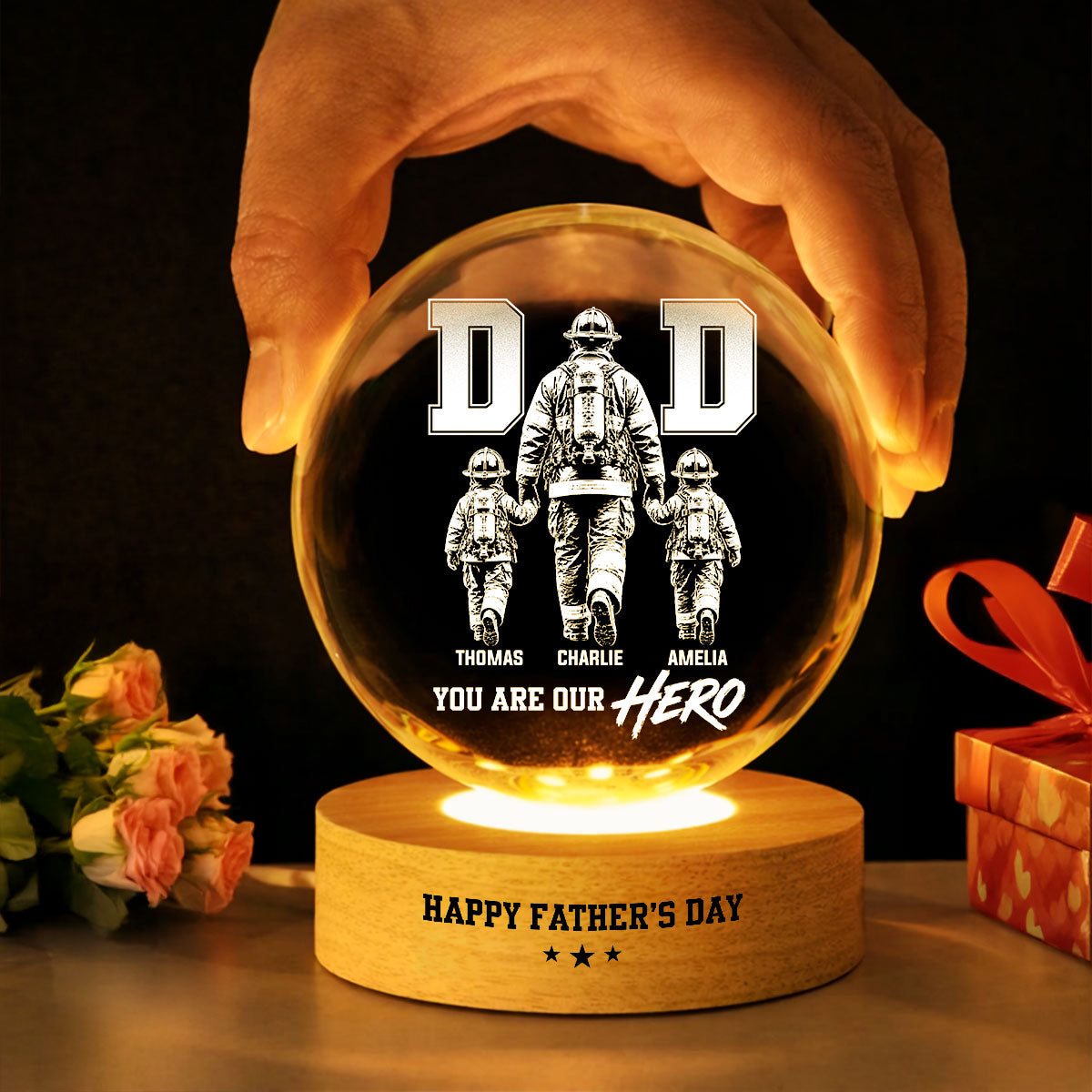 Proud Firefighter Dad You Are Our Hero - Personalized Crystal Ball LED Night Light - Father's Day Gift For Dad, Husband
