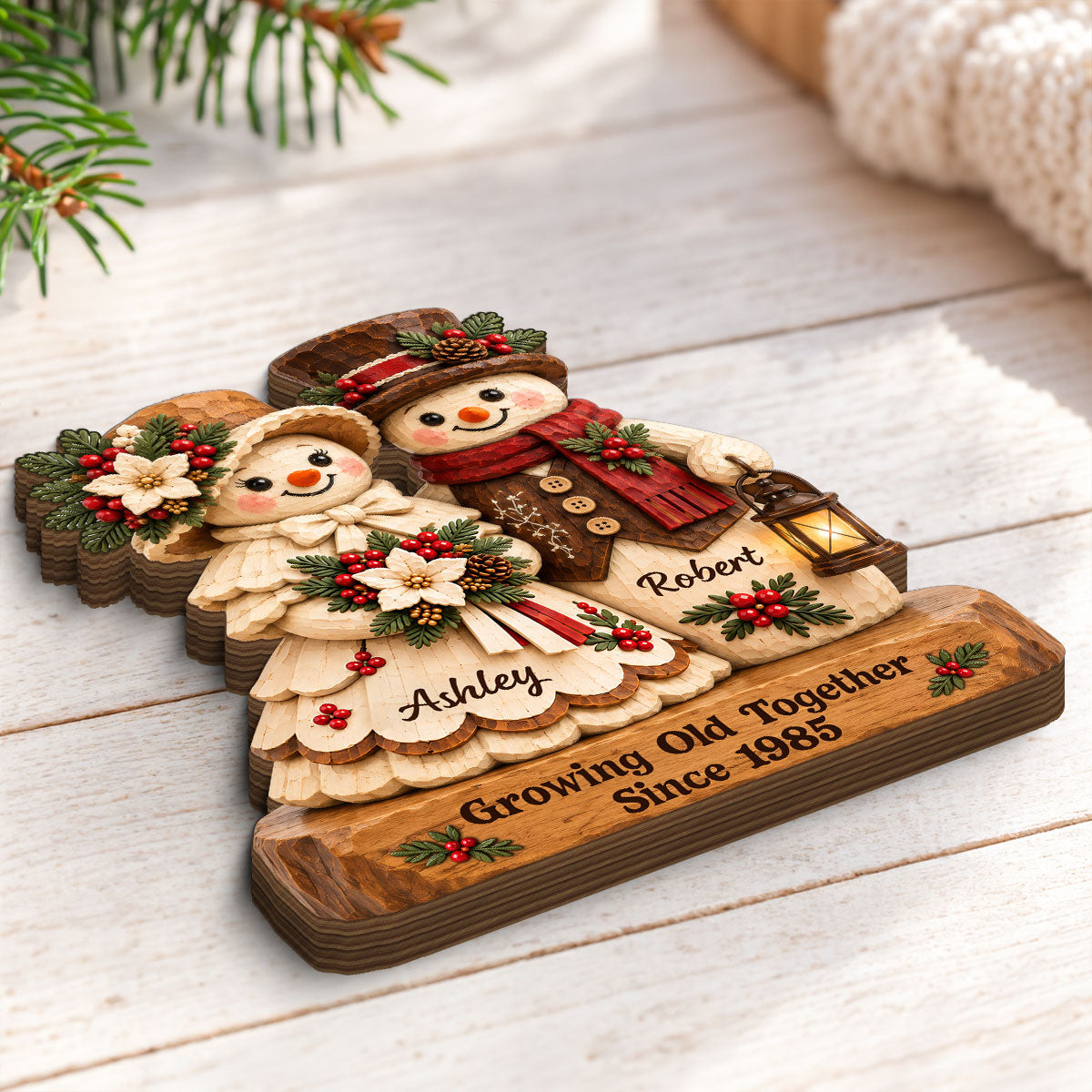 Retro Vintage Rustic Snowman Couple Cozy Christmas Vibe - Personalized Wooden Block Plaque - Christmas Gift For Couple