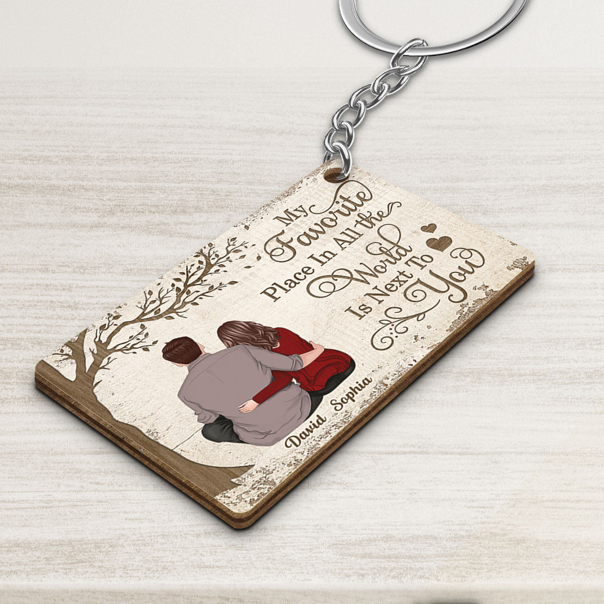 Back View Couple My Favorite Place In All The World Is Next To You Personalized Wooden Keychain