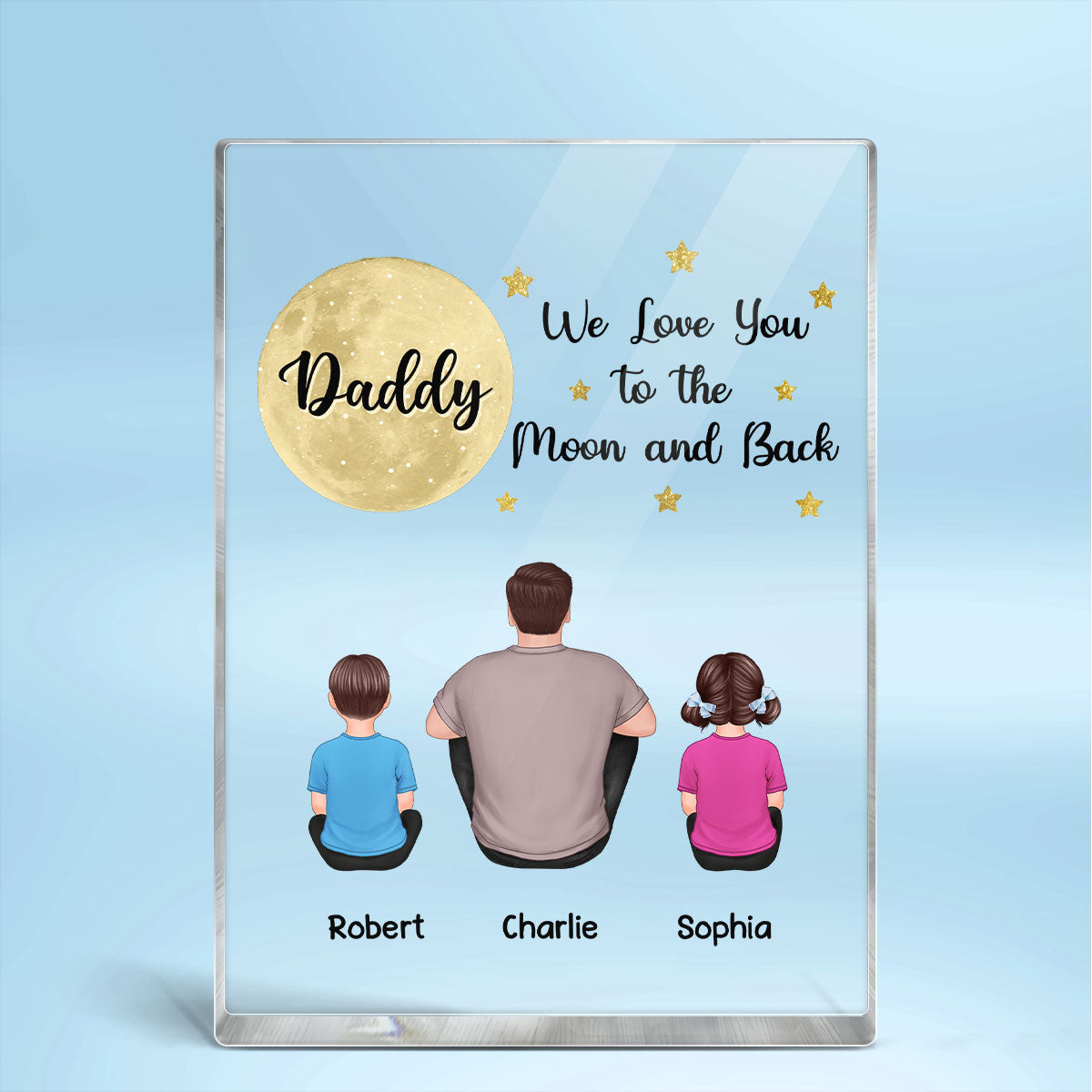 Back View Man Sitting With Kids Dogs Cats Dad We Love You To The Moon And Back Personalized Vertical Rectangle Acrylic Block Plaque