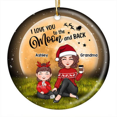 Cute Grandma Sitting With Grandkids In Moonlight Christmas Personalized Circle Ornament