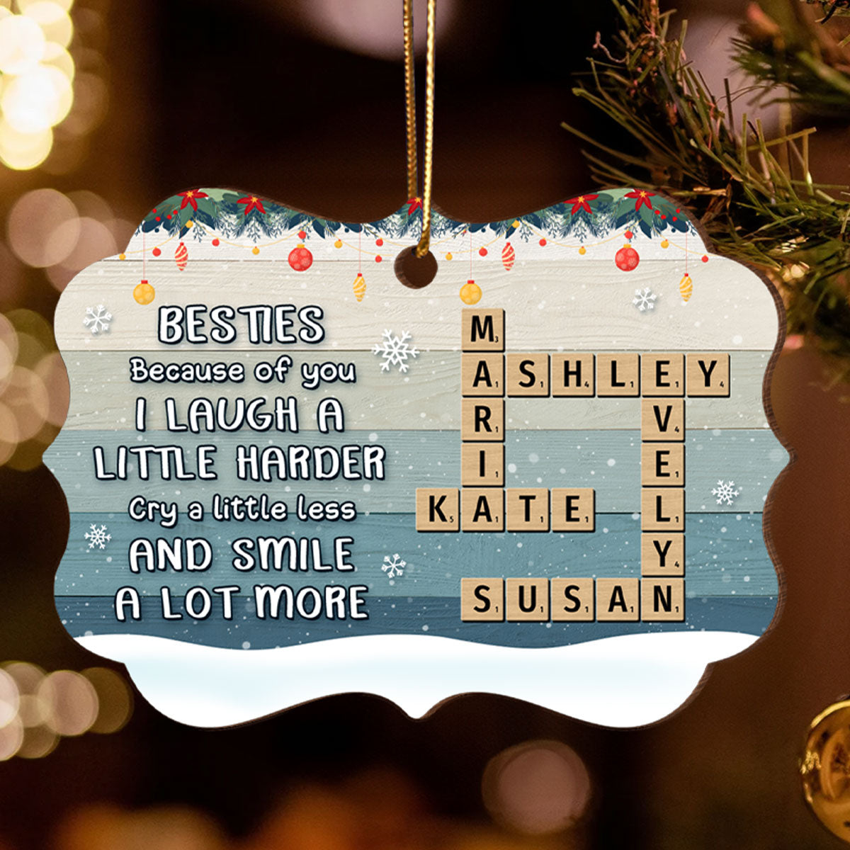 Besties Sisters Smile A Lot More Crossword Puzzle Art Personalized Wooden Ornament, Christmas Gift for Best Friends, Sisters