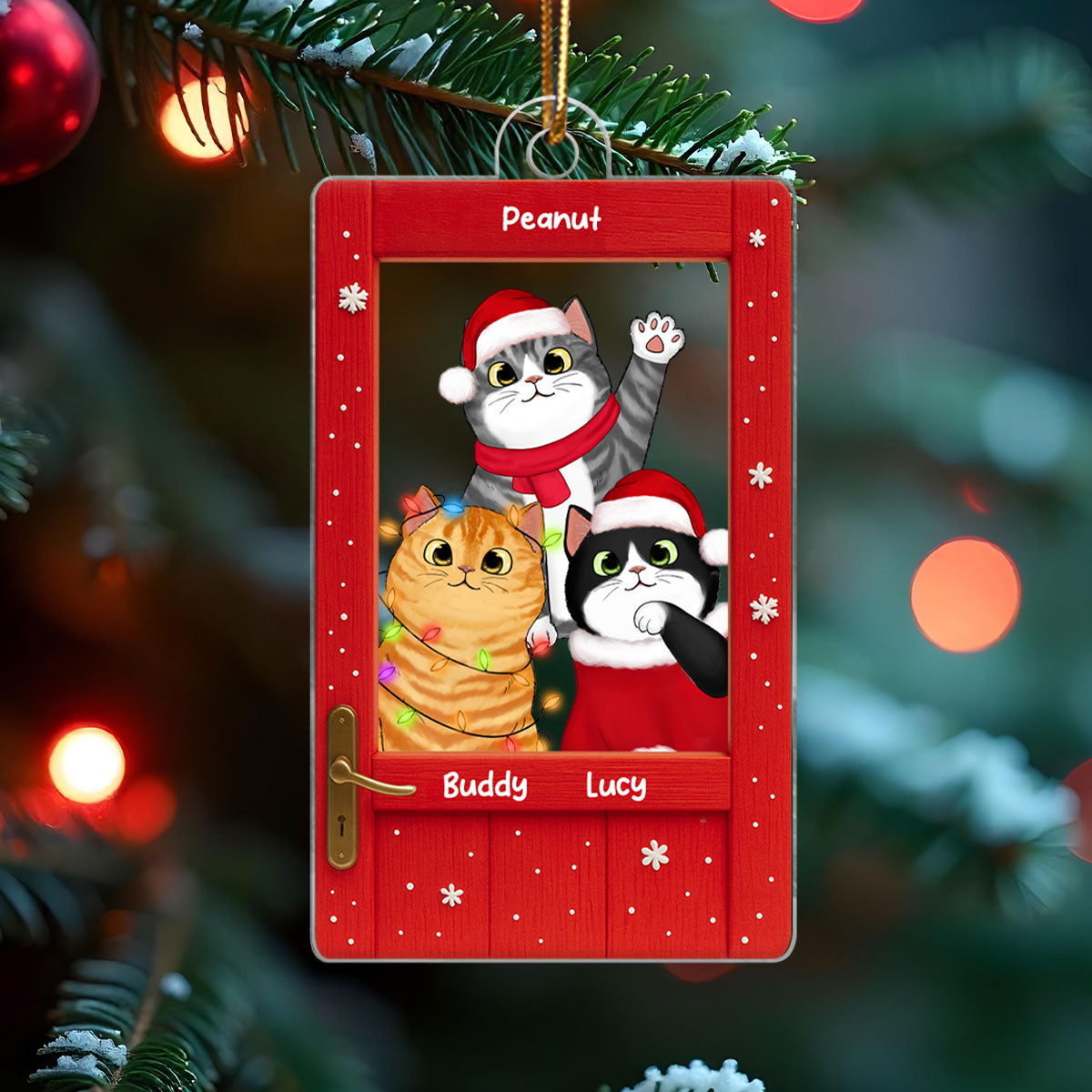 Cute Cats Peeking on the Front Door Personalized Acrylic Ornament, Christmas Gift for Cat Lovers