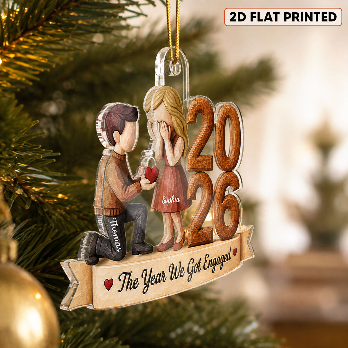 The Year We Got Engaged 2026 Proposal Couple 2D Wooden Effect – Personalized Acrylic Ornament – Engagement Keepsake