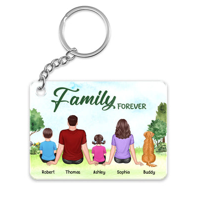 Whole Family Sitting Back View Couple Kid Dog Cat Personalized Acrylic Keychain