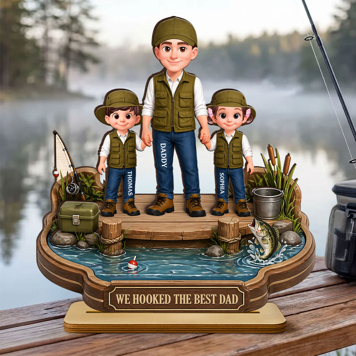 Dad's Little Fishing Partners - Personalized 2-Layered Wooden Plaque - Heartfelt Gift For Fishing Dad, Gift For Husband