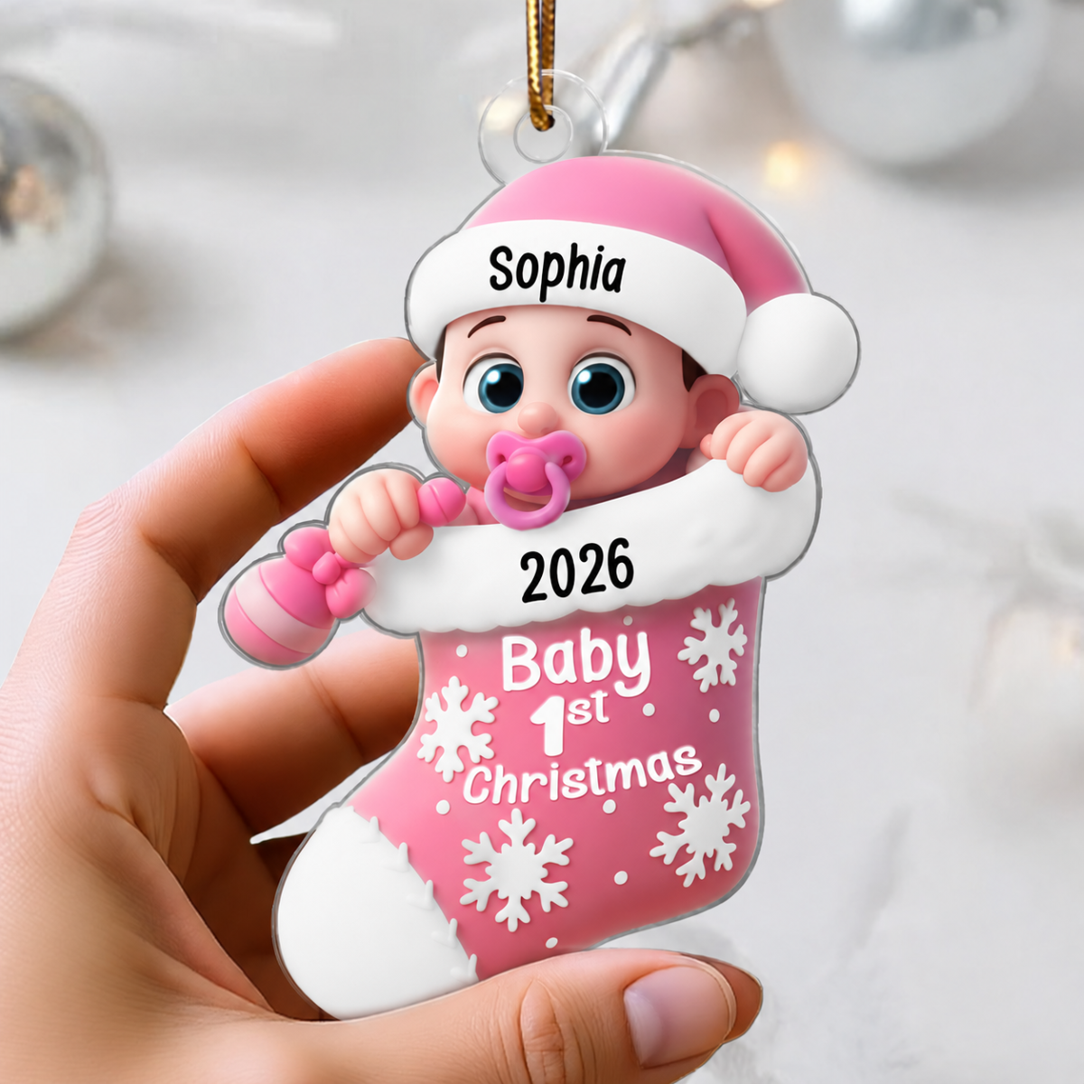 3D Effect Cute Cartoon Baby In Stocking Baby's 1st Christmas Personalized Acrylic Flat Ornament