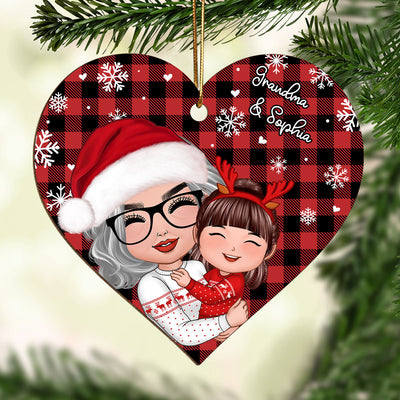 Checkered Snow Pattern Doll Grandma Hugging Kid Christmas Gift For Granddaughter Grandson Personalized Wooden Ornament