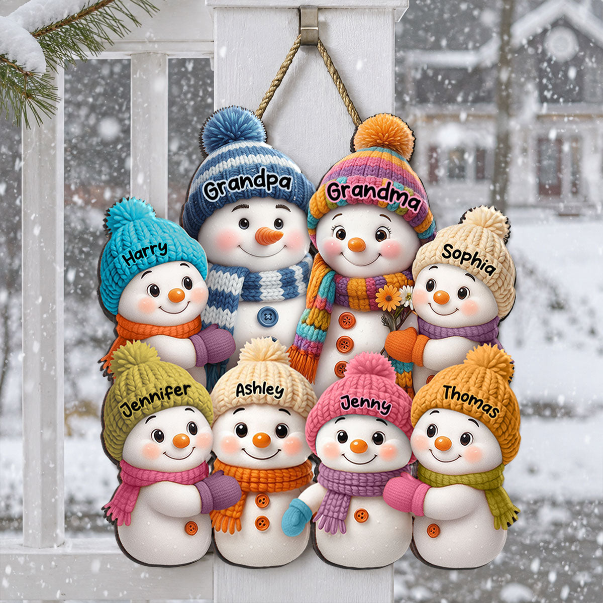 Snowman Grandparents and Grandkids - Personalized Wooden Door Sign - Cozy Christmas Decor for Grandparents