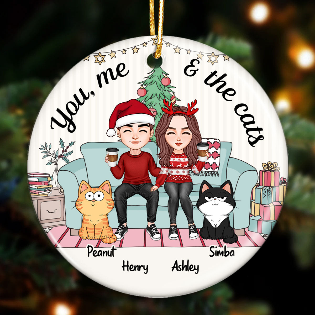 You Me And The Cats On Sofa Cute Couple With Cats Personalized Circle Ornament