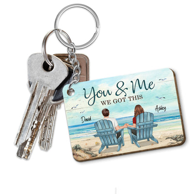 Back View Couple Sitting Beach Landscape Gift For Him For Her Personalized Wooden Keychain