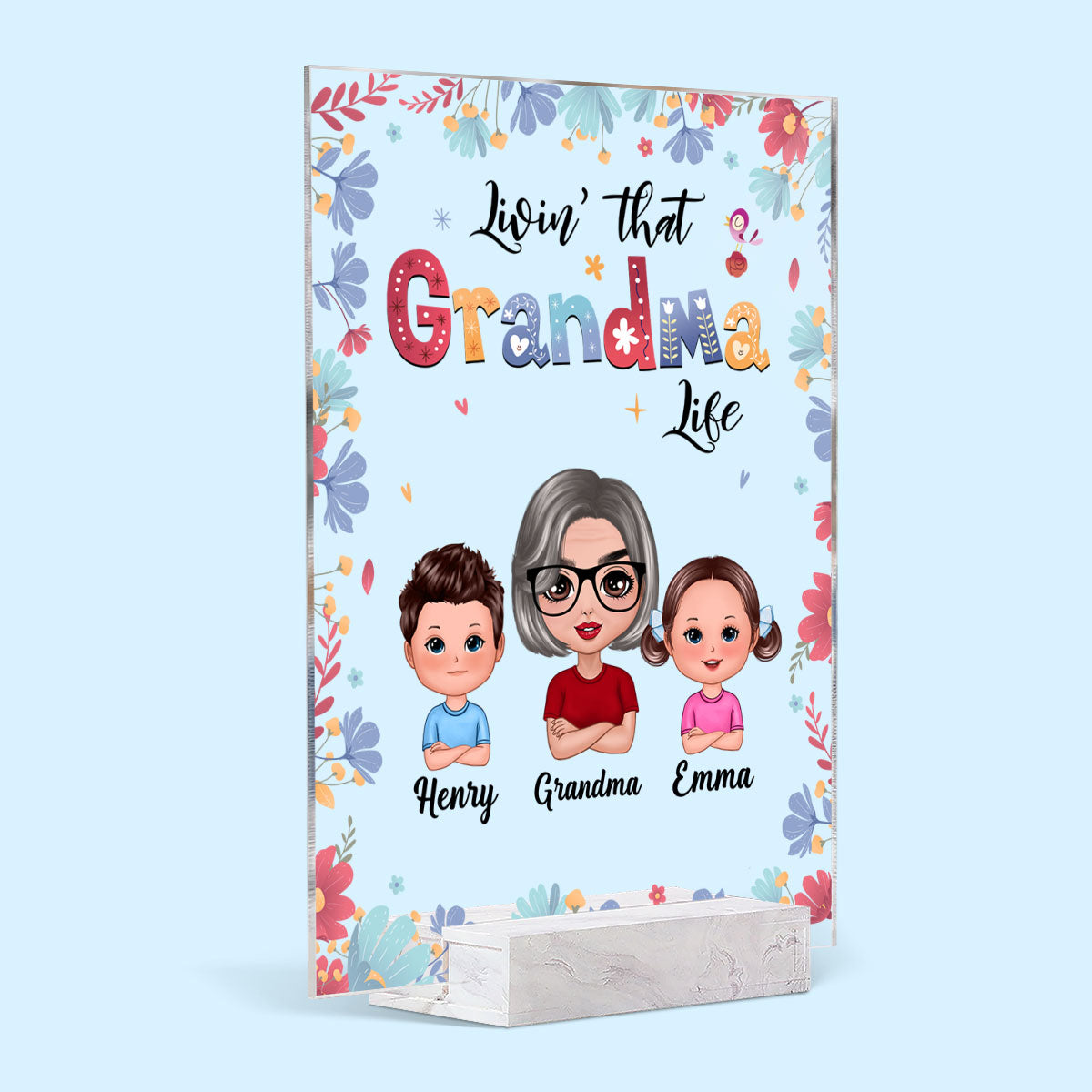 Living That Grandma Life Doll Grandma And Grandkids Colorful Pastel Flowers Personalized Acrylic Plaque