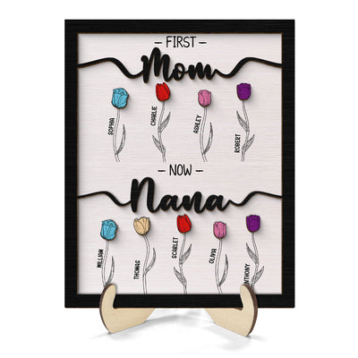 First Mom Now Grandma Tulip Flowers Personalized 2-Layer Wooden Plaque, Birthday Gift, Anniversary GiftFor Grandma