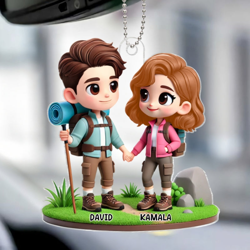 3D Effect Cute Cartoon Hiking Couple Personalized Acrylic Car Hanger, Rear View Mirror, Anniversary, Birthday Gift for him, for her
