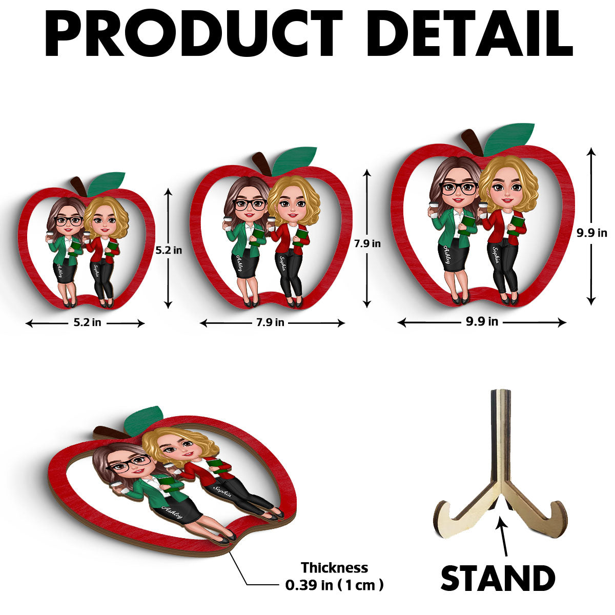 Doll Teacher Besties Colleagues Personalized 2-Layer Apple Shaped Wooden Plaque