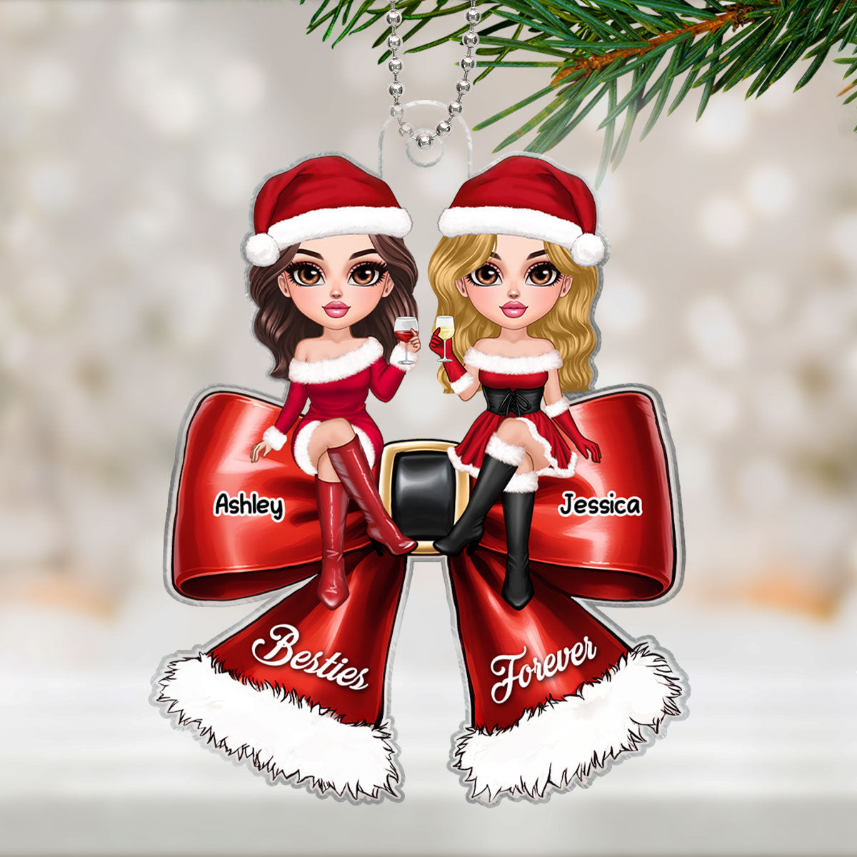 Pretty Christmas Besties Coquette Bow Personalized Acrylic Ornament