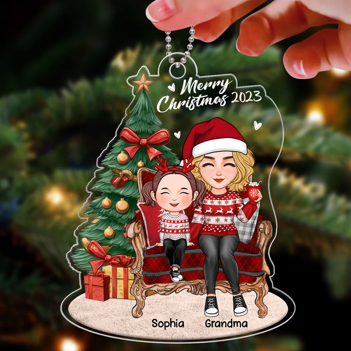 Grandma Grandkid Sitting On Chair By Christmas Tree Personalized Acrylic Ornament